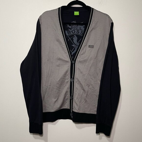 BOSS Hugo Boss Men’s XL Black Gray Check fine Knit Cardigan Sweater 100% Cotton - Picture 1 of 12